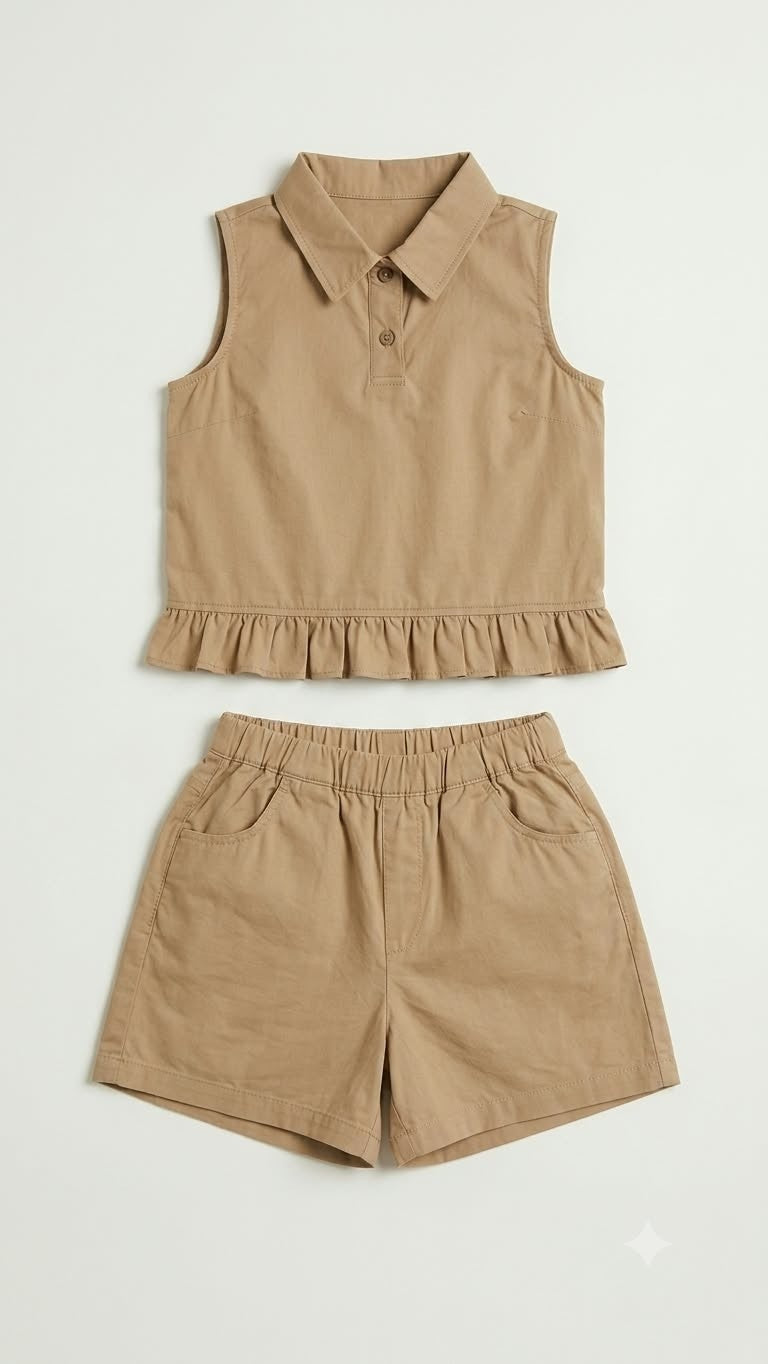 VanCR beige sleeveless polo top with ruffled hem and matching elastic waist shorts cordset